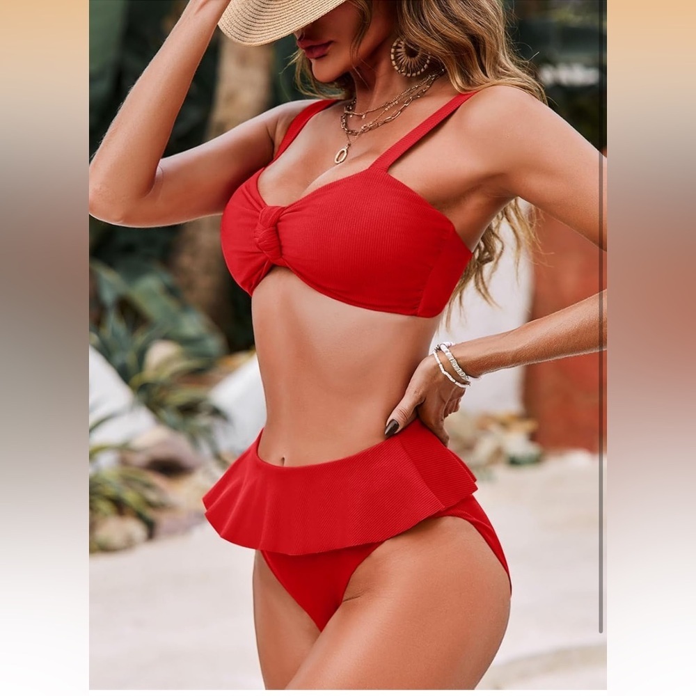 Saodimallsu 2 Piece High Waisted Ruffle Bikini Sets Twist Knot Ribbed S/ 798-bb3
